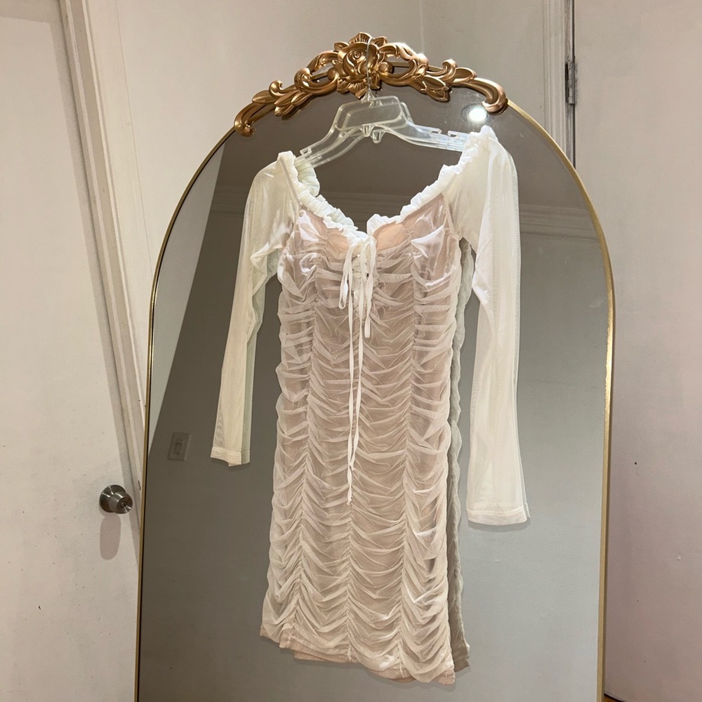 Fashion Nova White Ruched Off the Shoulder Mesh Mini Dress, Size S